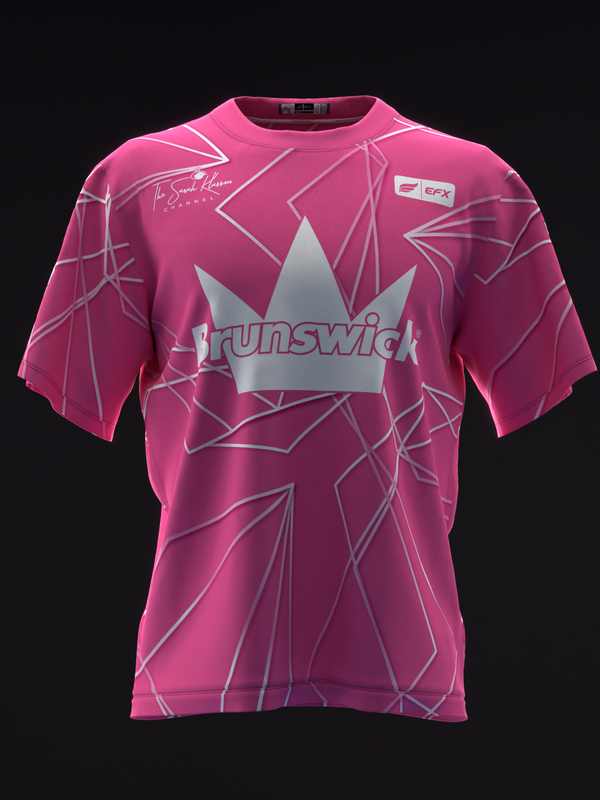 Pink bowling jersey with geometric polyhedron pattern and Brunswick crown logo, front view