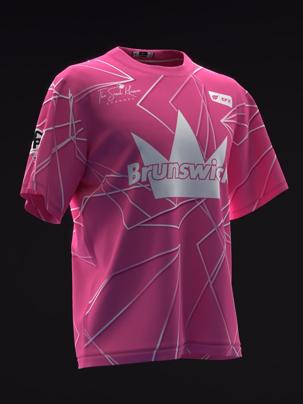 Pink bowling jersey with geometric polyhedron pattern and Brunswick logo