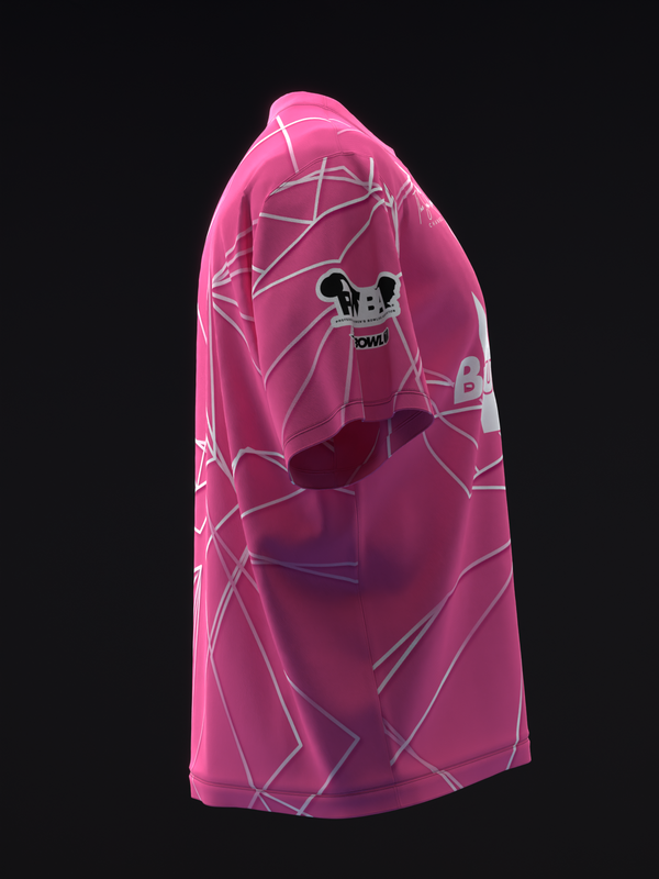 Pink bowling jersey with geometric polyhedron line pattern, side view