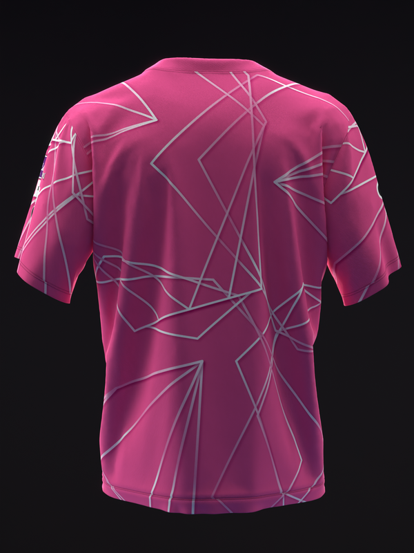 Pink bowling jersey with geometric polyhedron line pattern, back view