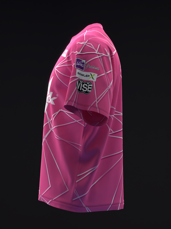 Pink bowling jersey with geometric polyhedron pattern and brand logos, front view