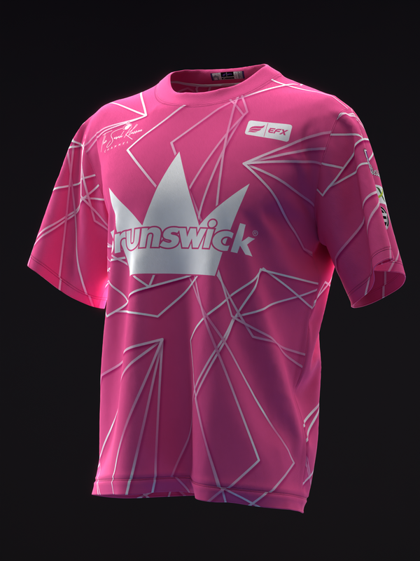 Hot pink bowling jersey with geometric polyhedron pattern and silver crown logo