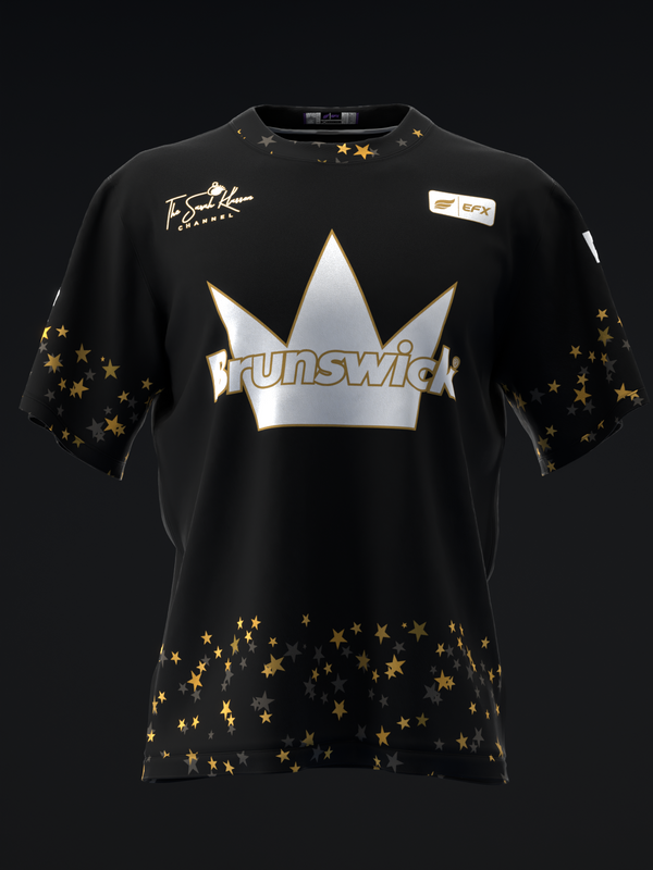 Black bowling jersey with white and gold crown graphic, gold stars throughout