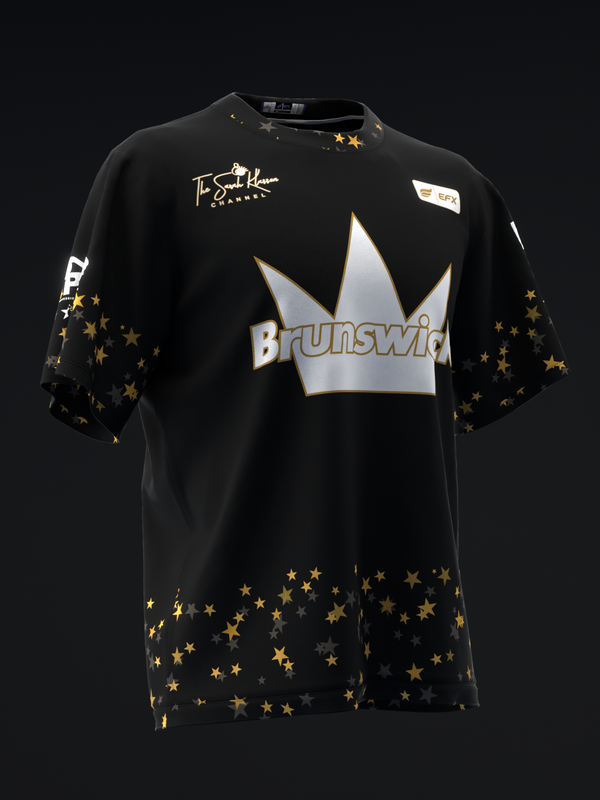 Black bowling jersey with Brunswick crown logo and scattered gold stars throughout