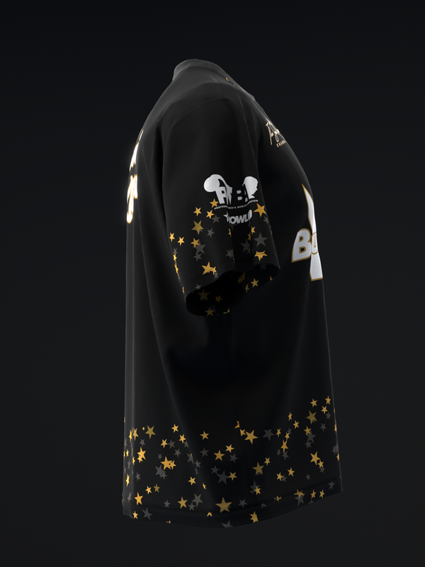 Black bowling jersey with white mouse graphic and gold stars throughout