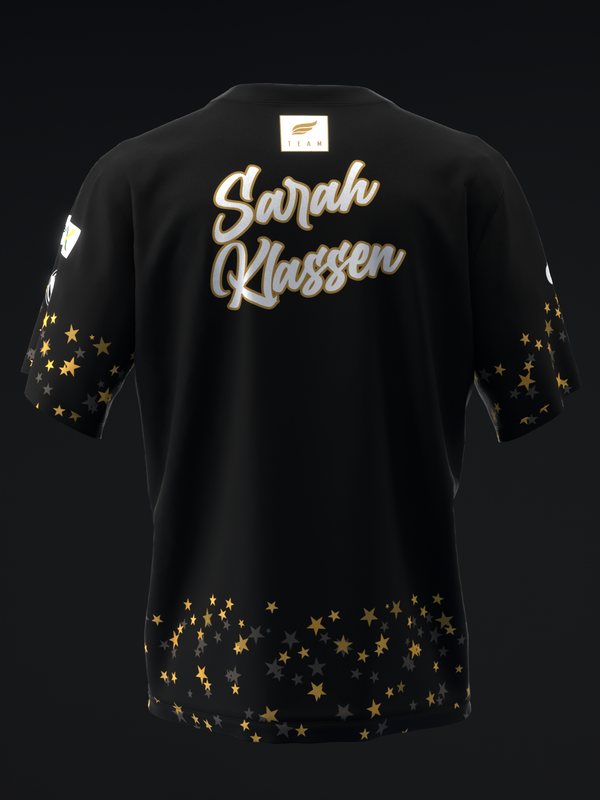 Black bowling jersey back view with gold star pattern and script name