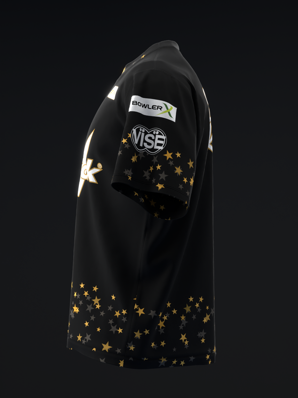 Black bowling jersey with gold stars and Vibe logo, side view