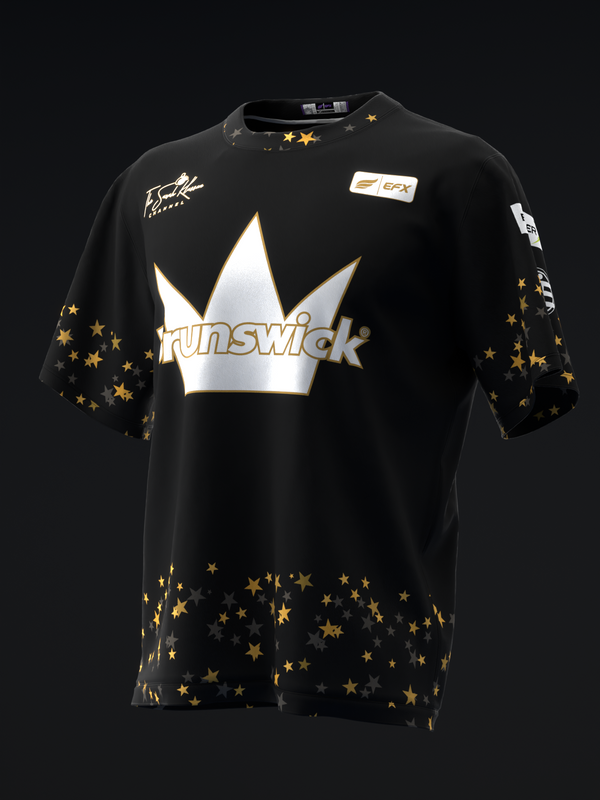 Black bowling jersey with white and gold crown logo, gold stars, and Brunswick text