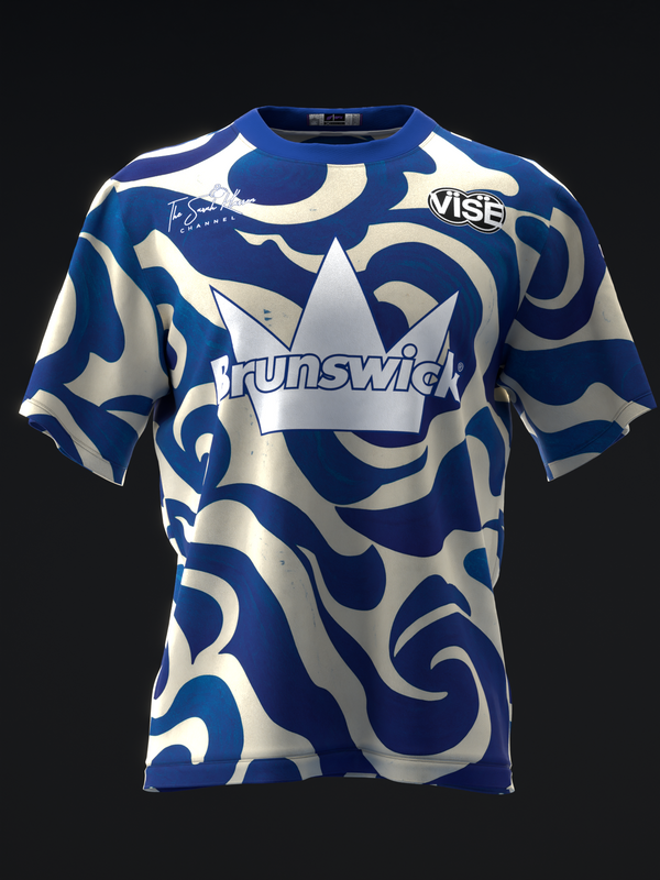 Blue and cream bowling jersey with abstract ikat pattern, front view