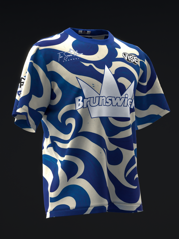 Blue and white bowling jersey with abstract ikat-inspired geometric pattern and Brunswick logo, front view