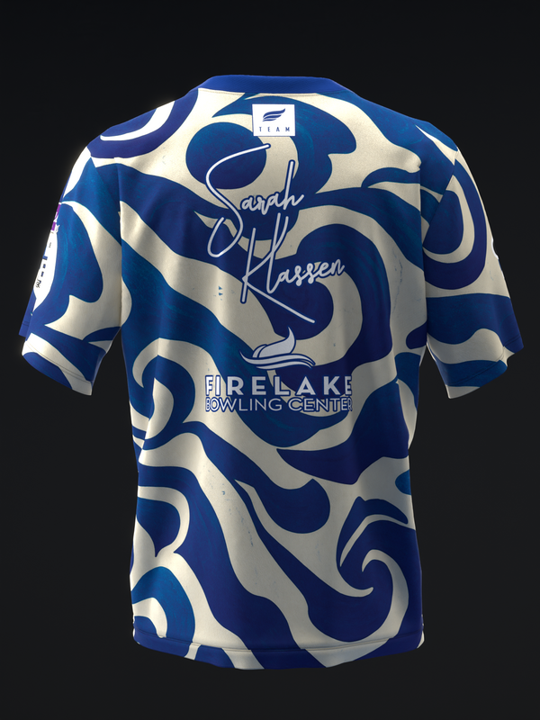 Blue and white ikat pattern bowling jersey back view with signature and center text