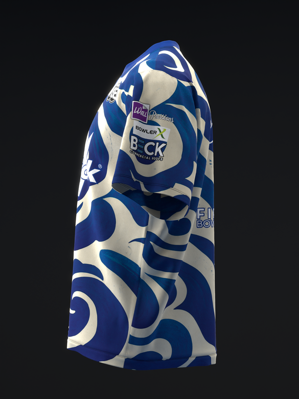 Blue and cream bowling jersey with abstract ikat-inspired pattern, front view