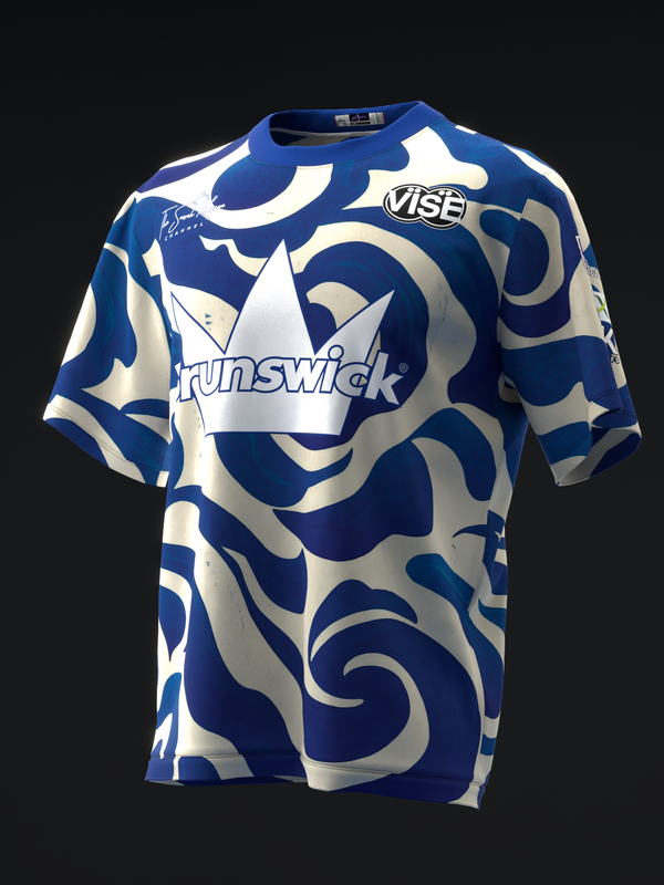 Blue and white bowling jersey with abstract ikat motif pattern, front view