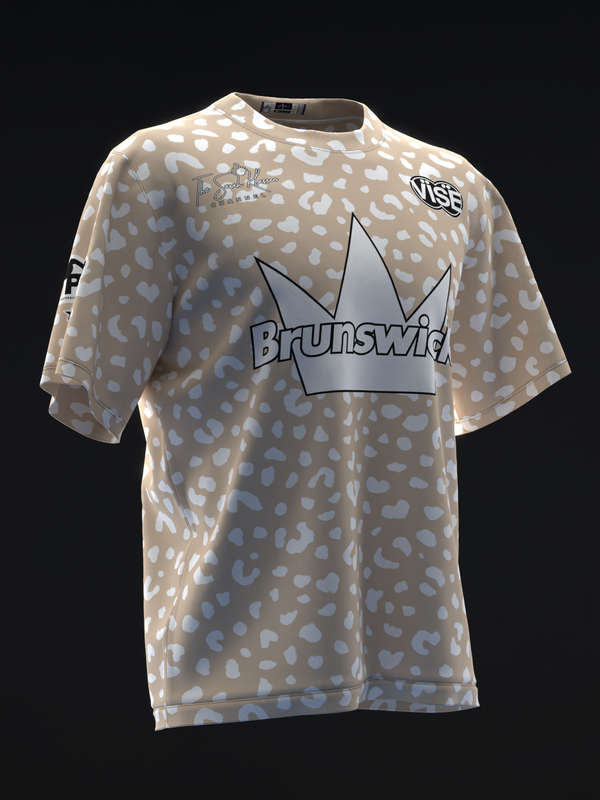 Tan bowling jersey with leopard spots and Brunswick crown graphic on front