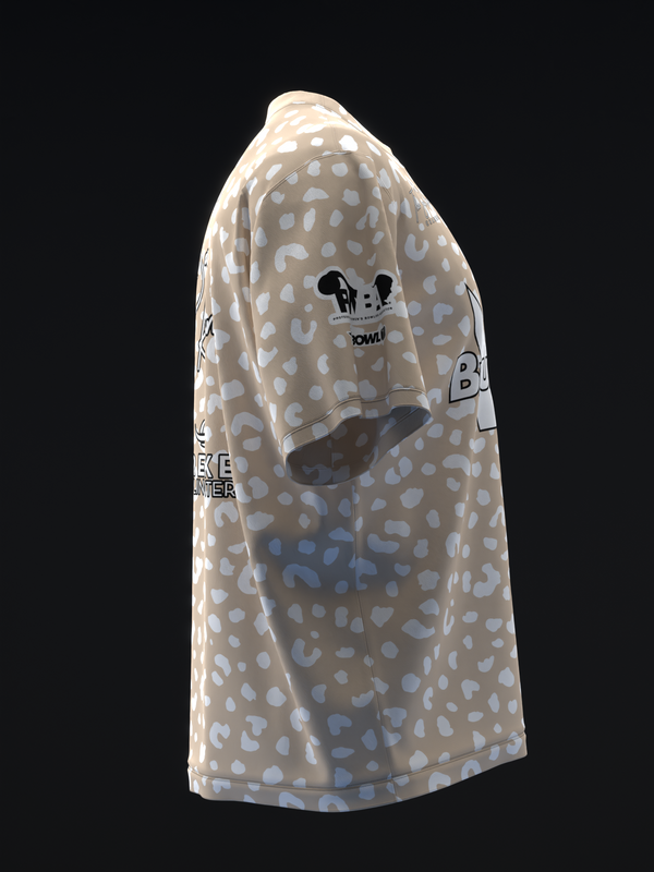 Beige bowling jersey with leopard print and black graphic design, side view