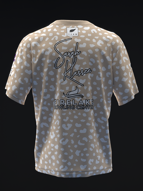 Back view of tan and gray leopard print bowling jersey with script text