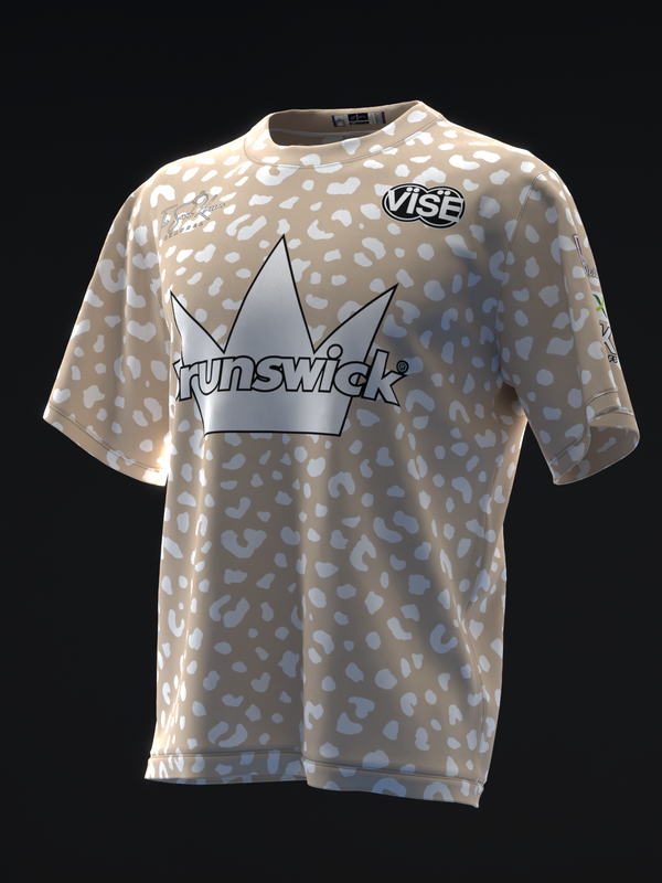Tan bowling jersey with white leopard print and silver crown graphic front view