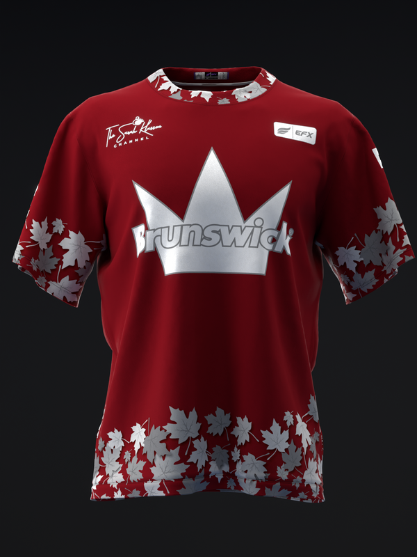 Red bowling jersey with silver crown graphic and white maple leaf pattern