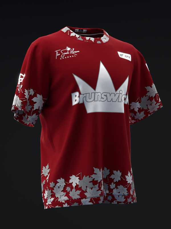Red bowling jersey with white Brunswick crown logo and maple leaf pattern on sleeves