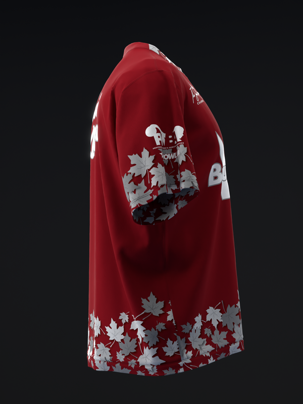 Red bowling jersey with white maple leaf design on back and hem