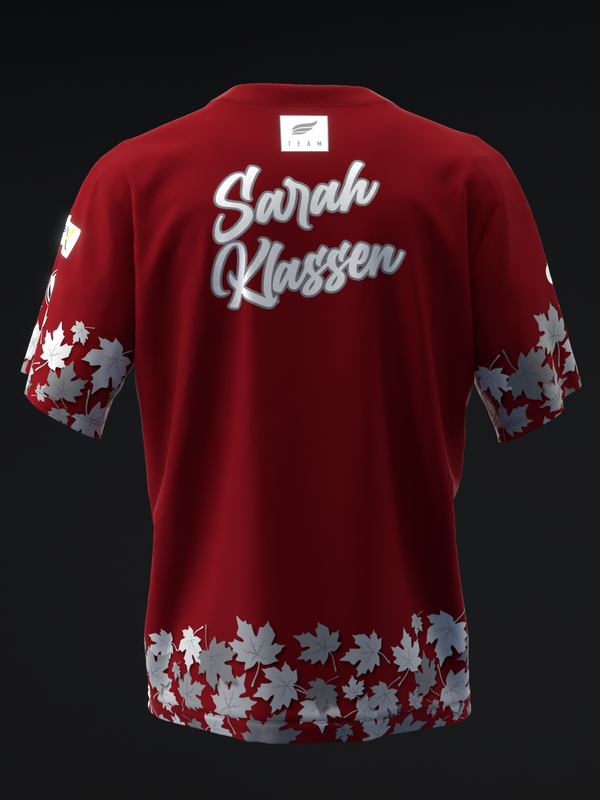 Red bowling jersey with silver leaf pattern on sleeves and hem, Sarah Klassen script back