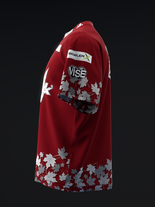 Red bowling jersey with white maple leaf pattern on sleeves and hem, Vibe logo visible