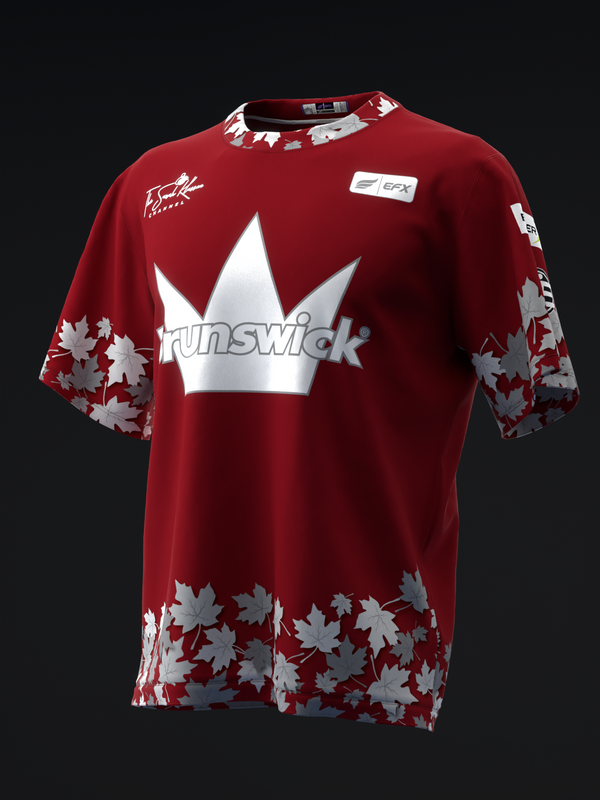 Red bowling jersey with white crown logo and maple leaf pattern on sleeves and hem
