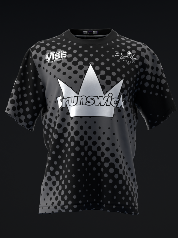 Black bowling jersey with gray halftone dot pattern and silver crown graphic
