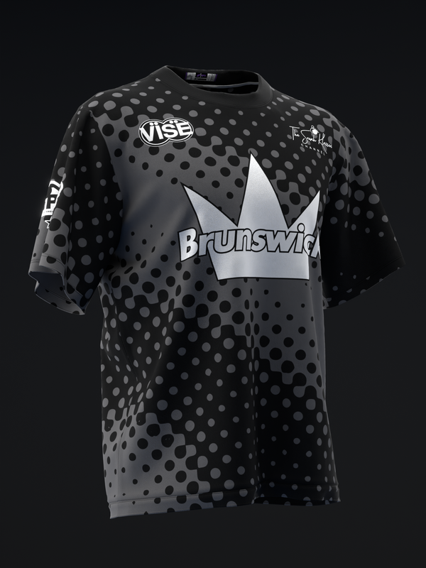 Black bowling jersey with gray halftone dot pattern and Brunswick logo