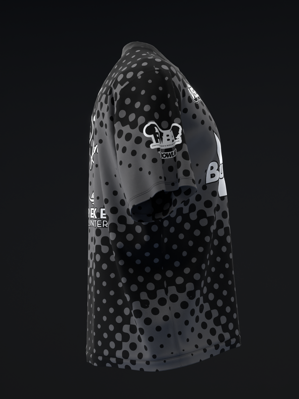 Charcoal bowling jersey with gray halftone dot pattern and white logo detail