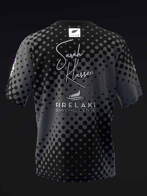 Black bowling jersey with gray halftone dot pattern, back view shown