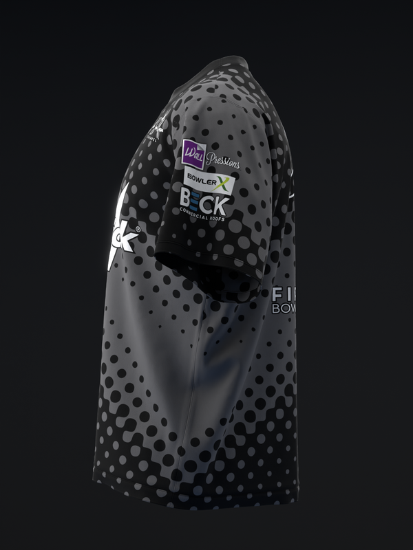 Charcoal bowling jersey with halftone dot pattern and sponsor logos, side view