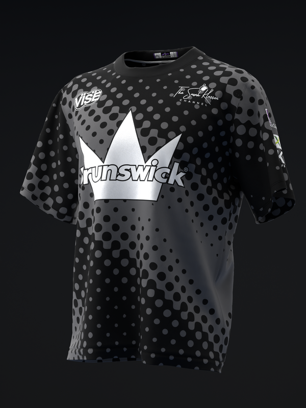 Black bowling jersey with gray halftone dot pattern and white crown logo
