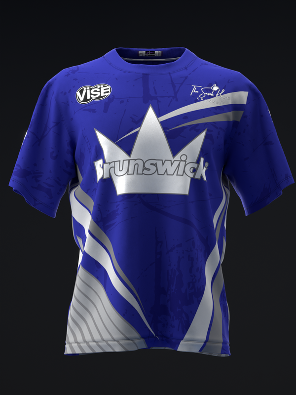 Royal blue bowling jersey with silver crown graphic and white striped side panel, front view