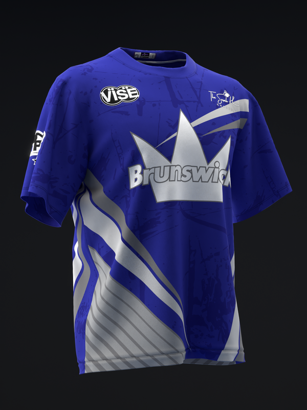 Royal blue bowling jersey with white crown logo and diagonal striped design, front view