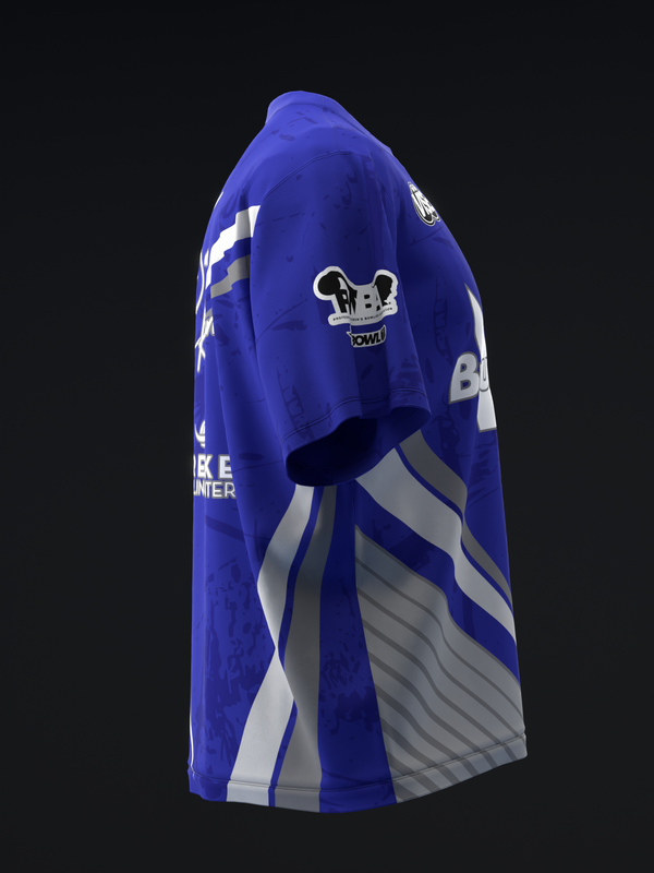 Royal blue bowling jersey with white and gray striped side panels and logo graphics
