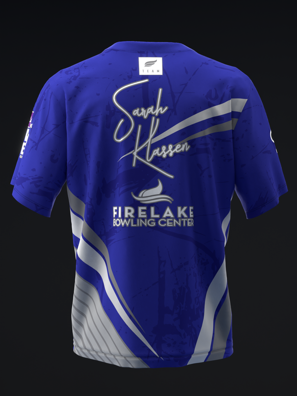 Royal blue bowling jersey with white diagonal stripes and gold script name, back view