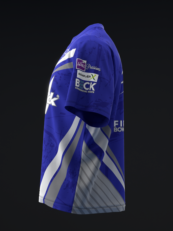 Blue bowling jersey with white and gray striped panel design, side view