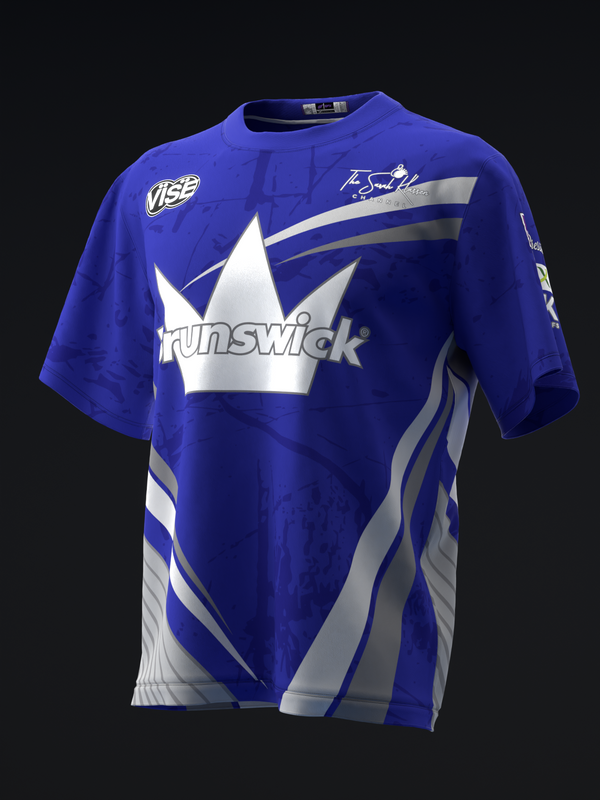 Blue bowling jersey with white crown logo and diagonal stripe design detail