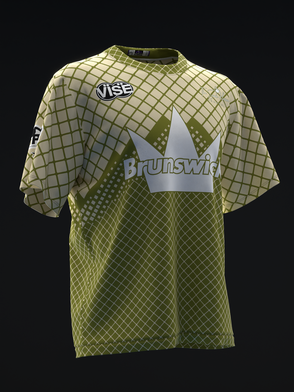 Olive bowling jersey with honeycomb pattern and Brunswick crown graphic, front view