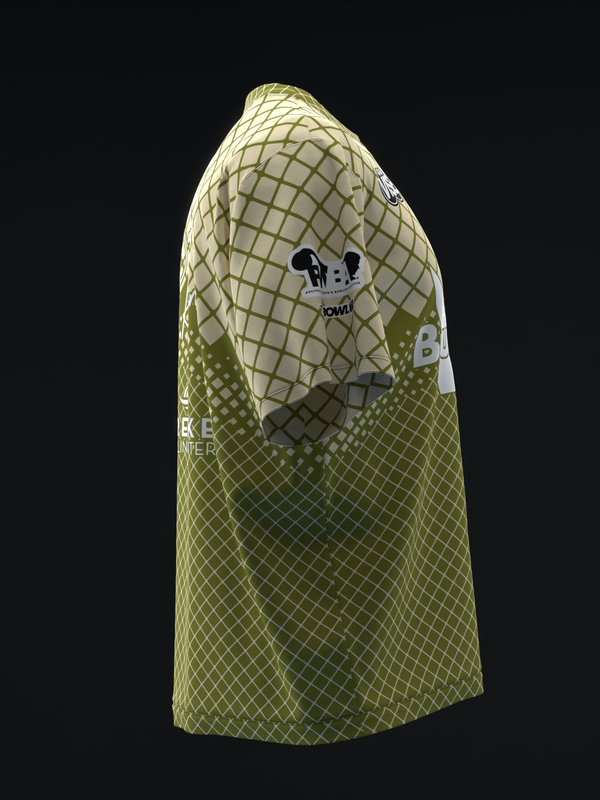 Olive bowling jersey with honeycomb pattern and graphic design detail