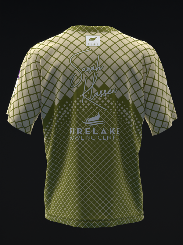 Back view of olive and cream bowling jersey with honeycomb pattern and text graphic