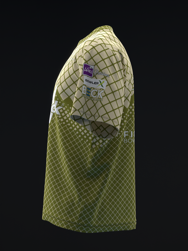 Olive green bowling jersey with honeycomb pattern and purple logo patch