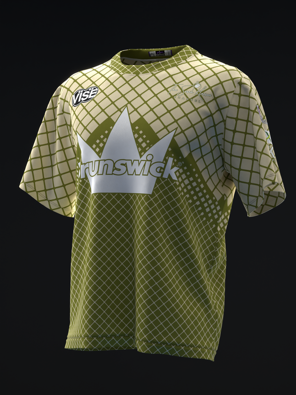 Olive green bowling jersey with honeycomb pattern and white crown logo front view