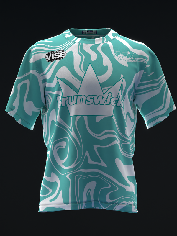 Turquoise and white bowling jersey with abstract swirl pattern and logos
