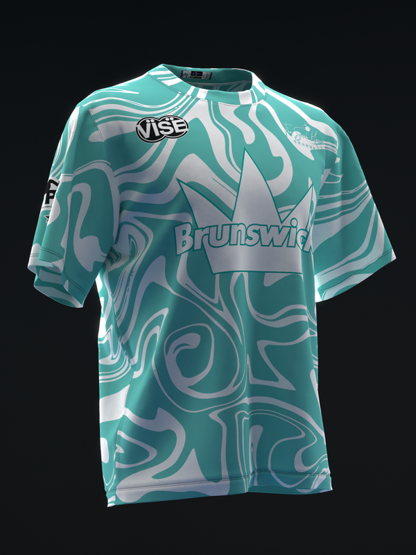Turquoise bowling jersey with abstract swirl pattern and Brunswick logo on front