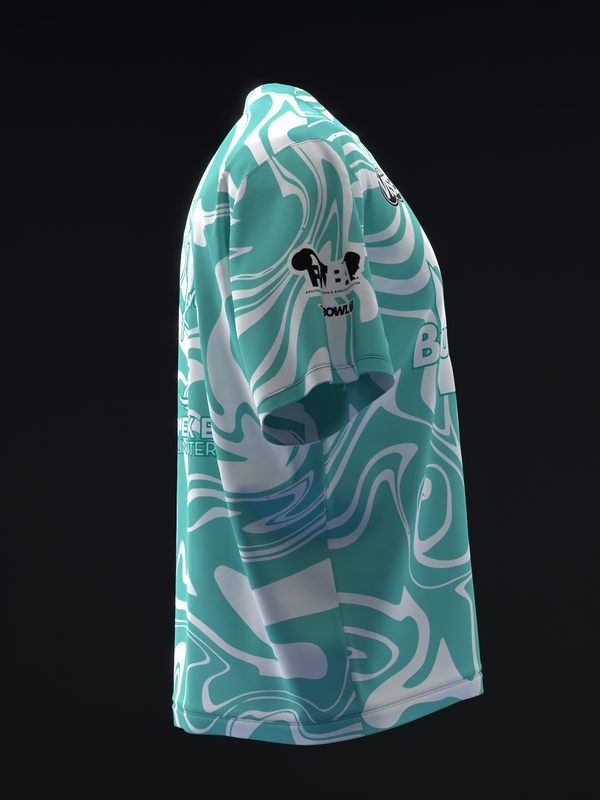 Turquoise and white swirled bowling jersey displayed on dress form, side view