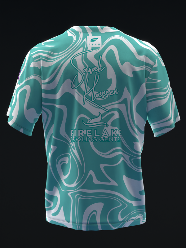 Turquoise bowling jersey with swirled white and gray pattern, back view