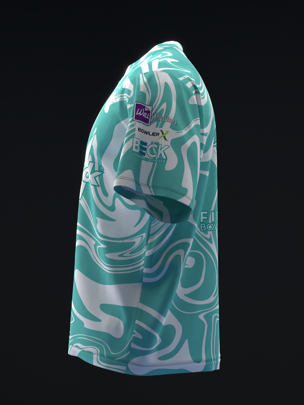 Turquoise and white bowling jersey with abstract swirl pattern, side view