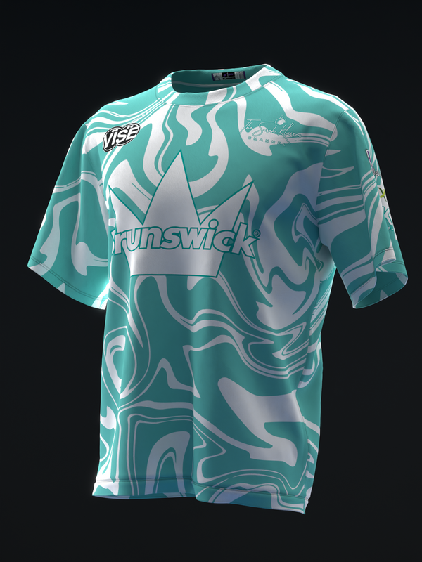 Turquoise and white swirl pattern bowling jersey with graphic design, front view